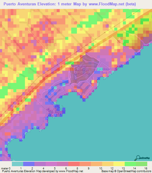 Puerto Aventuras,Mexico Elevation Map