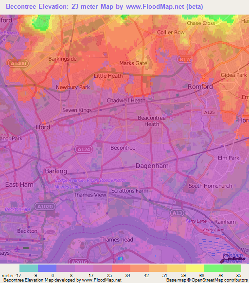 Becontree,UK Elevation Map