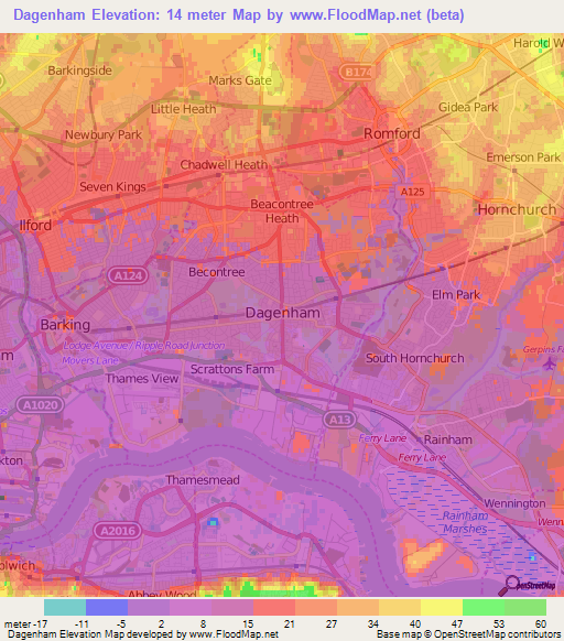 Dagenham,UK Elevation Map