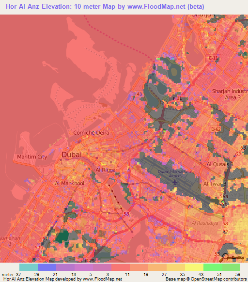 Hor Al Anz,United Arab Emirates Elevation Map
