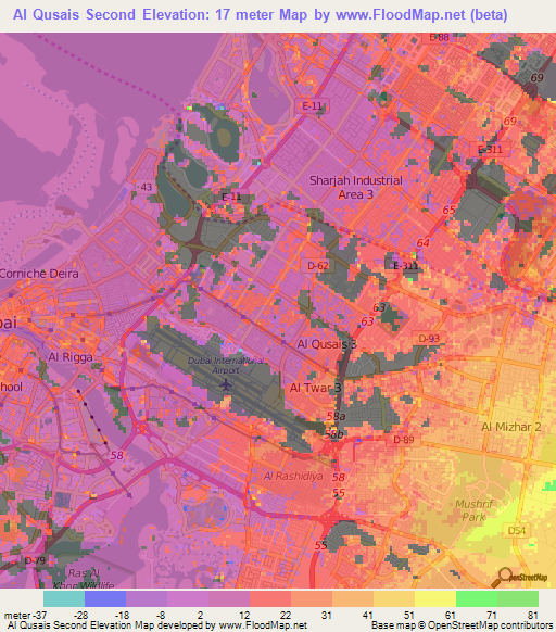 Al Qusais Second,United Arab Emirates Elevation Map