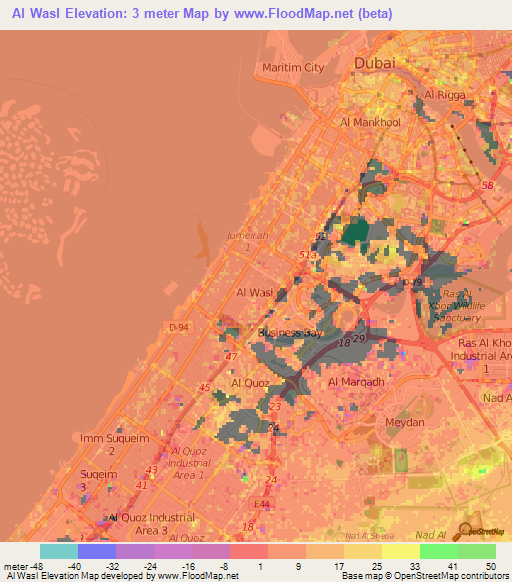 Al Wasl,United Arab Emirates Elevation Map