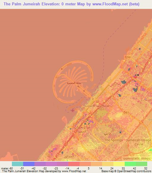The Palm Jumeirah,United Arab Emirates Elevation Map