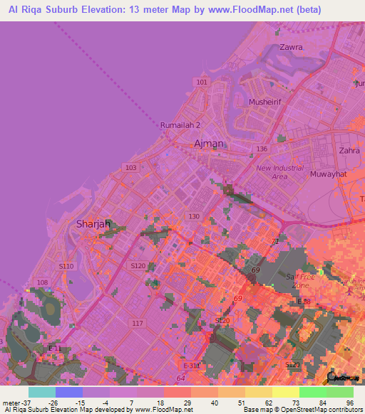 Al Riqa Suburb,United Arab Emirates Elevation Map