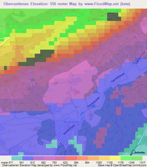 Oberruettenen,Switzerland Elevation Map