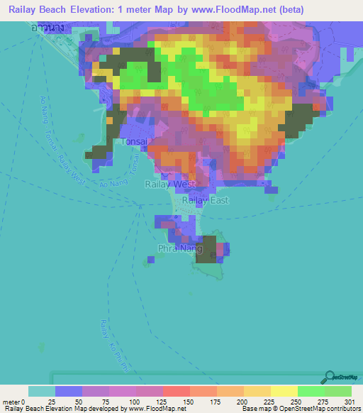 Railay Beach,Thailand Elevation Map