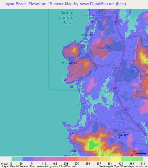 Layan Beach,Thailand Elevation Map