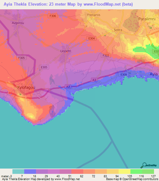 Ayia Thekla,Cyprus Elevation Map