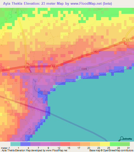 Ayia Thekla,Cyprus Elevation Map