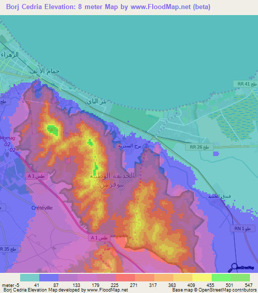 Borj Cedria,Tunisia Elevation Map