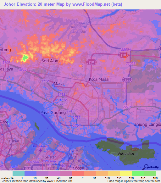 Johor,Singapore Elevation Map