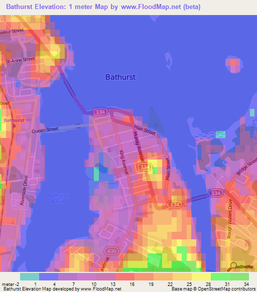 Bathurst,Canada Elevation Map