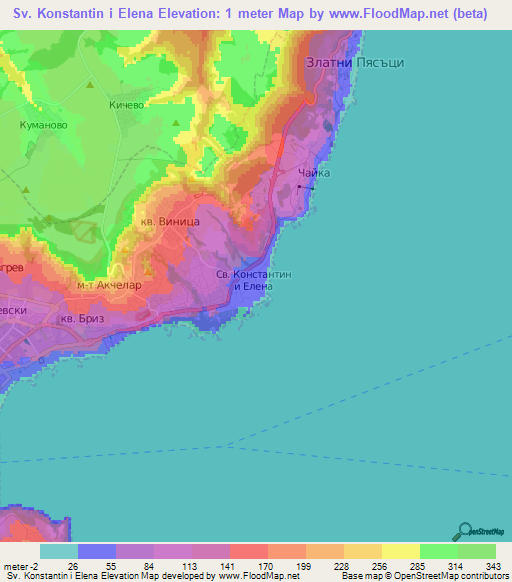 Sv. Konstantin i Elena,Bulgaria Elevation Map
