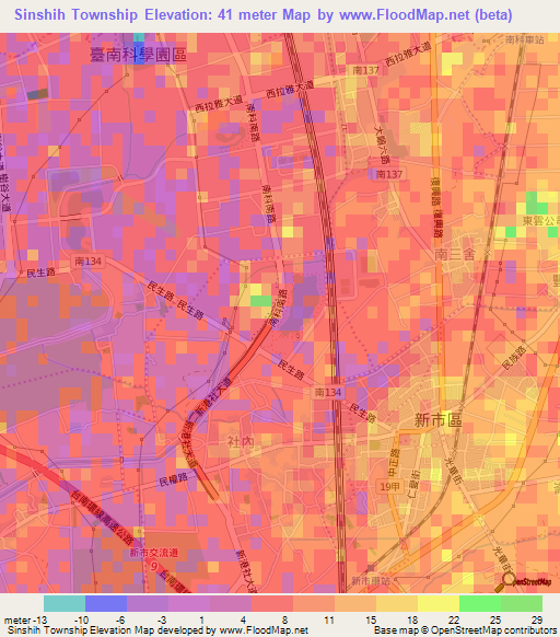 Sinshih Township,Taiwan Elevation Map