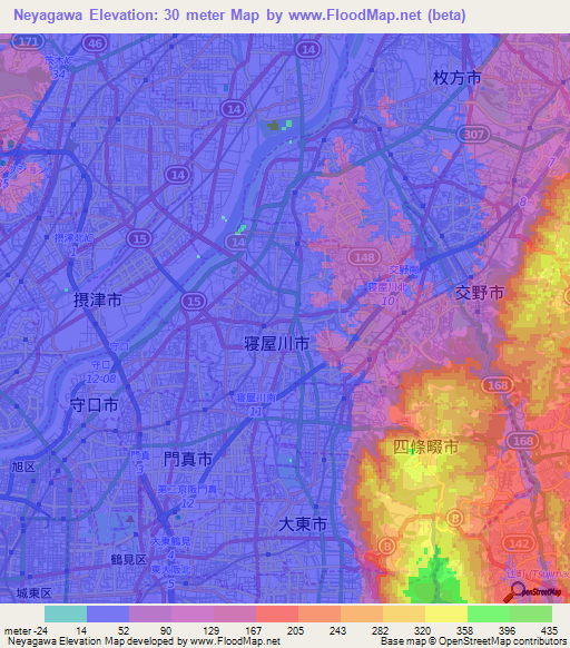 Neyagawa,Japan Elevation Map