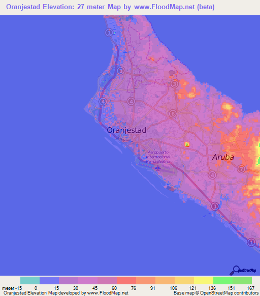 Oranjestad,Aruba Elevation Map