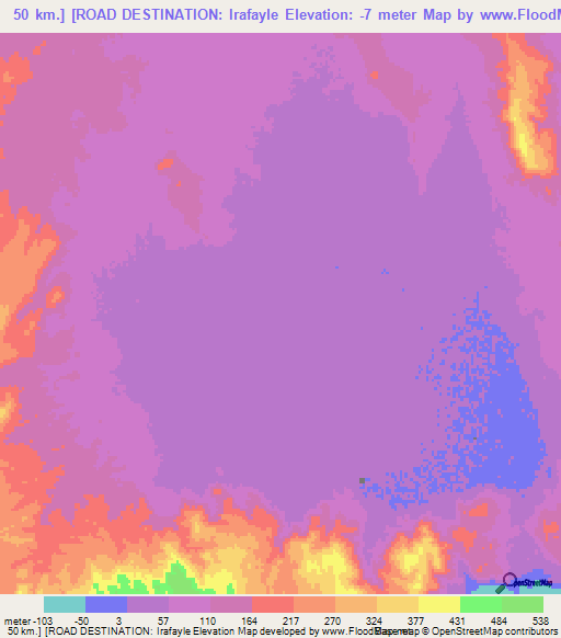 50 km.] [ROAD DESTINATION: Irafayle,Eritrea Elevation Map