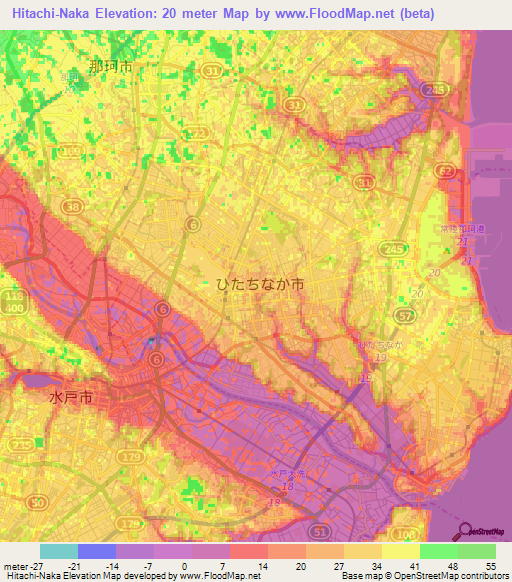 Hitachi-Naka,Japan Elevation Map