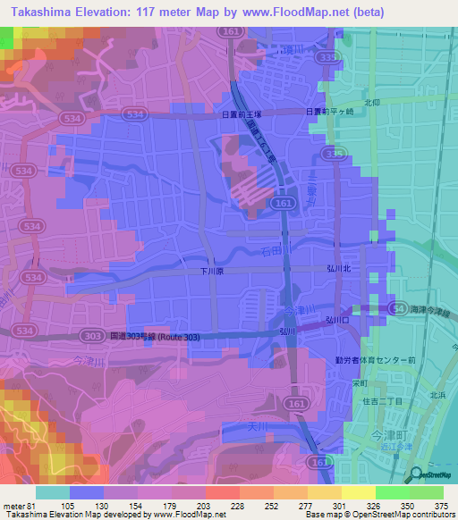 Takashima,Japan Elevation Map