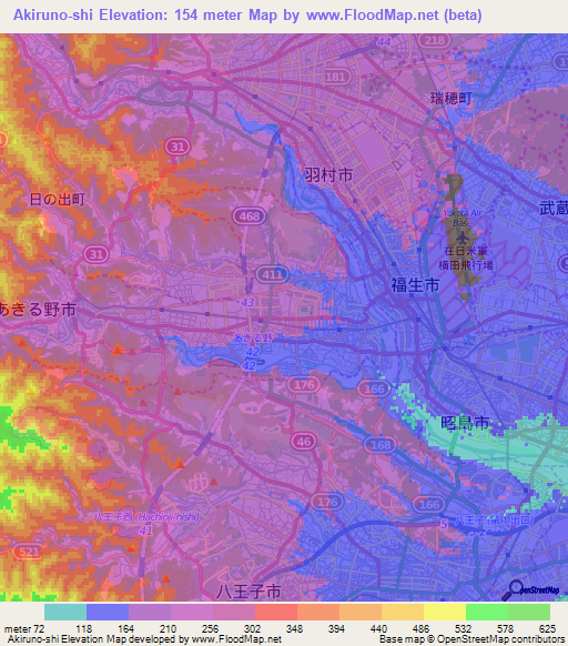 Akiruno-shi,Japan Elevation Map