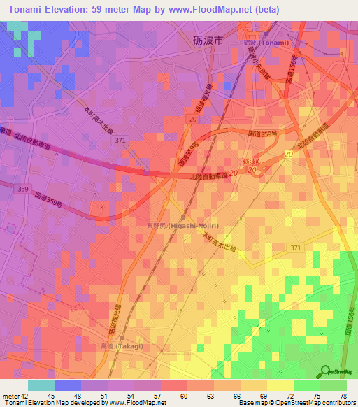 Tonami,Japan Elevation Map