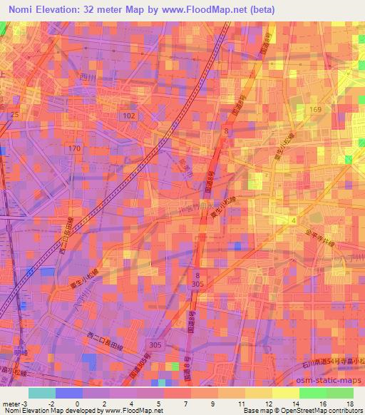 Nomi,Japan Elevation Map