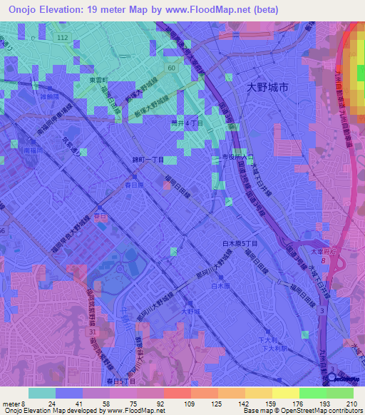 Onojo,Japan Elevation Map