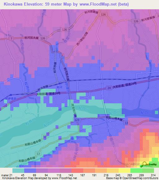 Kinokawa,Japan Elevation Map