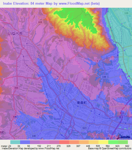 Inabe,Japan Elevation Map