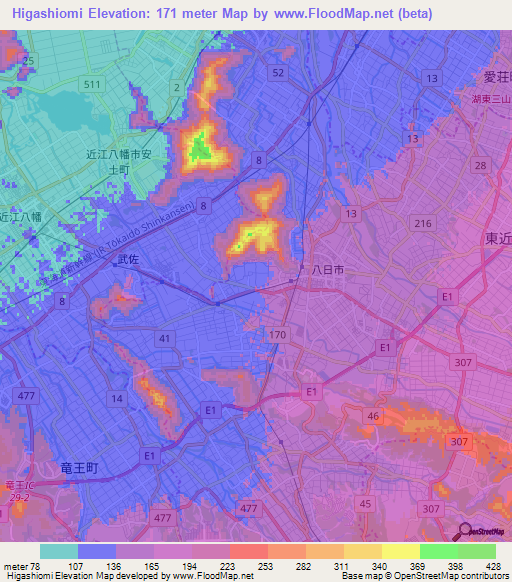 Higashiomi,Japan Elevation Map
