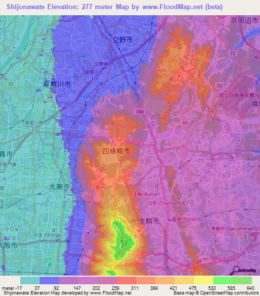 Shijonawate,Japan Elevation Map