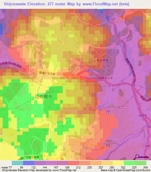 Shijonawate,Japan Elevation Map