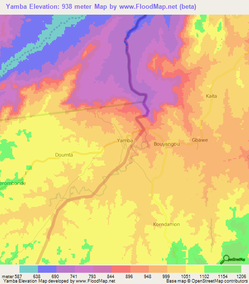 Yamba,Central African Republic Elevation Map