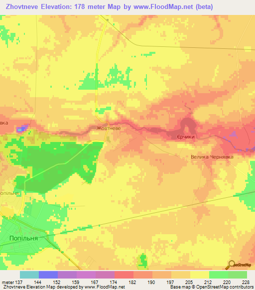 Zhovtneve,Ukraine Elevation Map