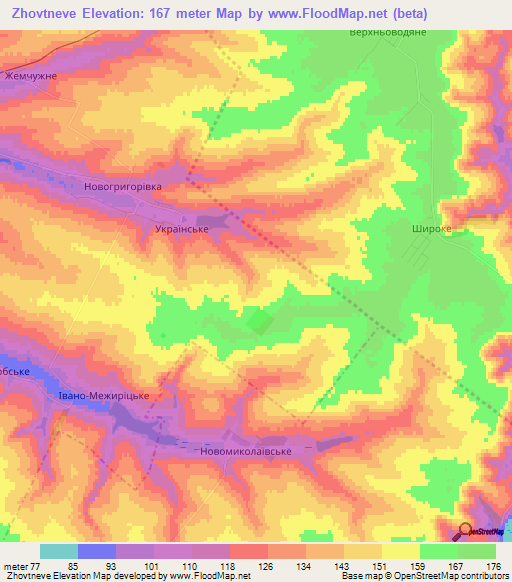 Zhovtneve,Ukraine Elevation Map