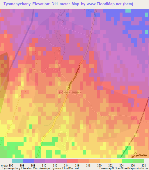 Tysmenychany,Ukraine Elevation Map