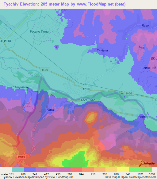 Tyachiv,Ukraine Elevation Map