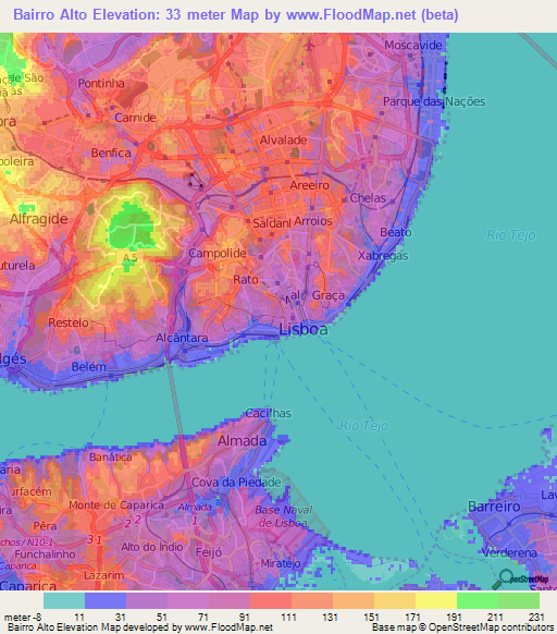 Bairro Alto,Portugal Elevation Map
