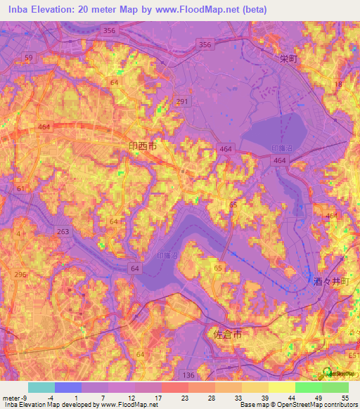 Inba,Japan Elevation Map