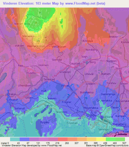 Vinderen,Norway Elevation Map