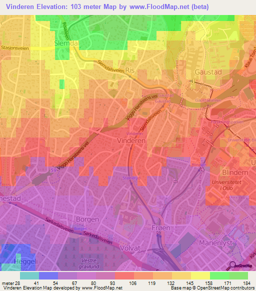 Vinderen,Norway Elevation Map