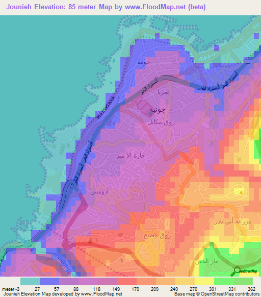 Jounieh,Lebanon Elevation Map