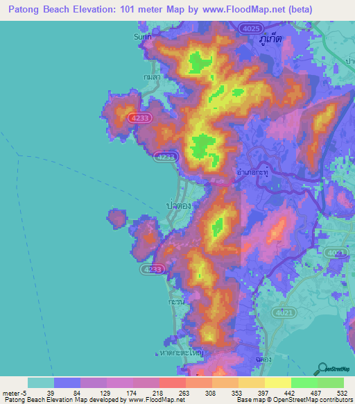 Patong Beach,Thailand Elevation Map