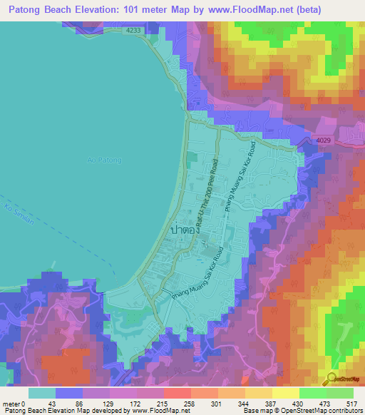 Patong Beach,Thailand Elevation Map