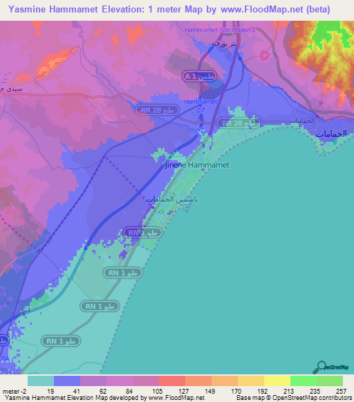 Yasmine Hammamet,Tunisia Elevation Map