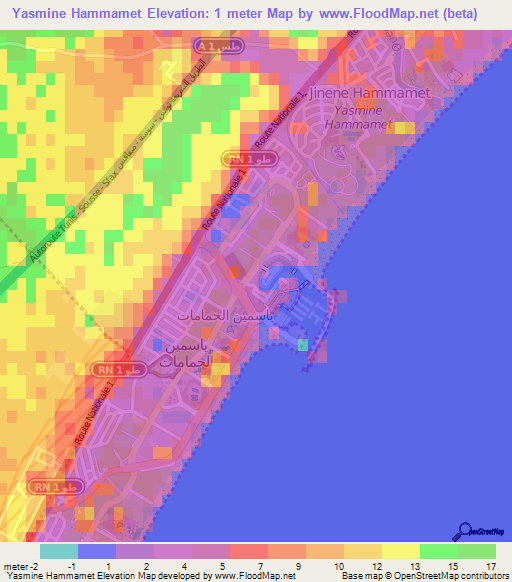 Yasmine Hammamet,Tunisia Elevation Map