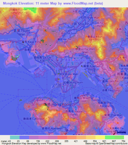 Mongkok,Hong Kong Elevation Map
