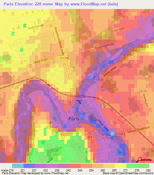 Paris,Canada Elevation Map