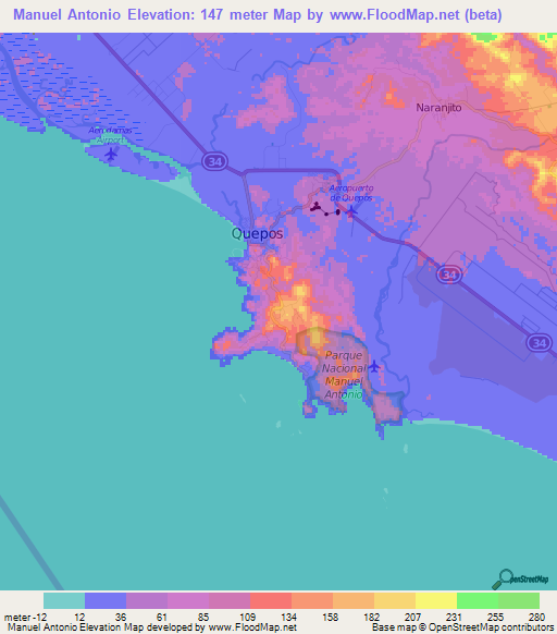 Manuel Antonio,Costa Rica Elevation Map