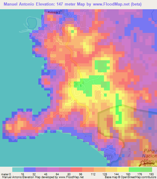 Manuel Antonio,Costa Rica Elevation Map